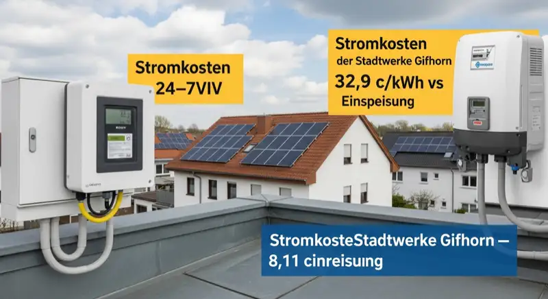 Modern German electrical meter cabinet (Zählerschrank) with smart meter and solar inverter connection, clean technical installation