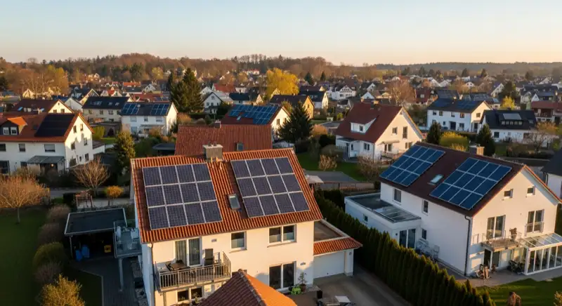 Aerial drone view of typical German residential neighborhood with mixed roof types, red and dark roof tiles, gardens visible, sunny day
