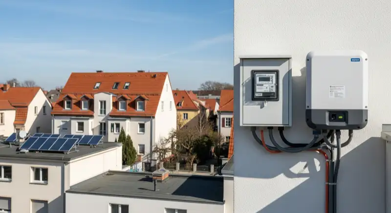 Modern German electrical meter cabinet (Zählerschrank) with smart meter and solar inverter connection, clean technical installation