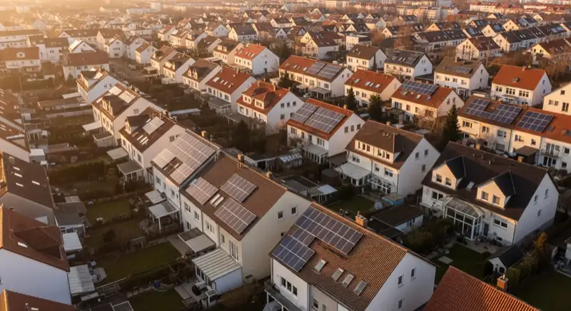Aerial drone view of typical German residential neighborhood with mixed roof types, red and dark roof tiles, gardens visible, sunny day