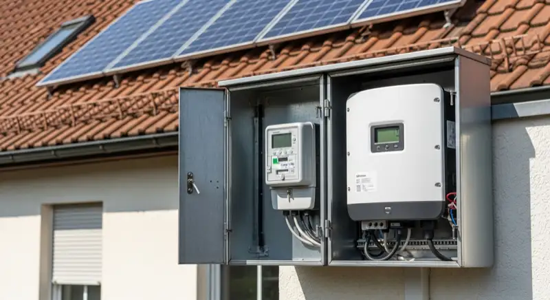 Modern German electrical meter cabinet (Zählerschrank) with smart meter and solar inverter connection, clean technical installation