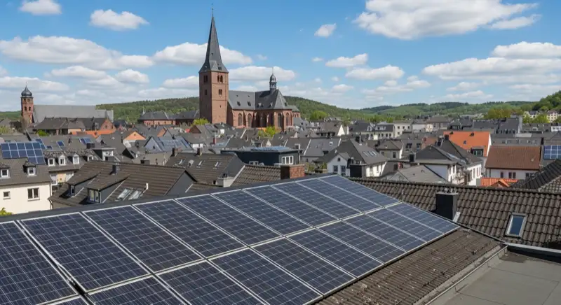 Aerial drone view of typical German residential neighborhood with mixed roof types, red and dark roof tiles, gardens visible, sunny day