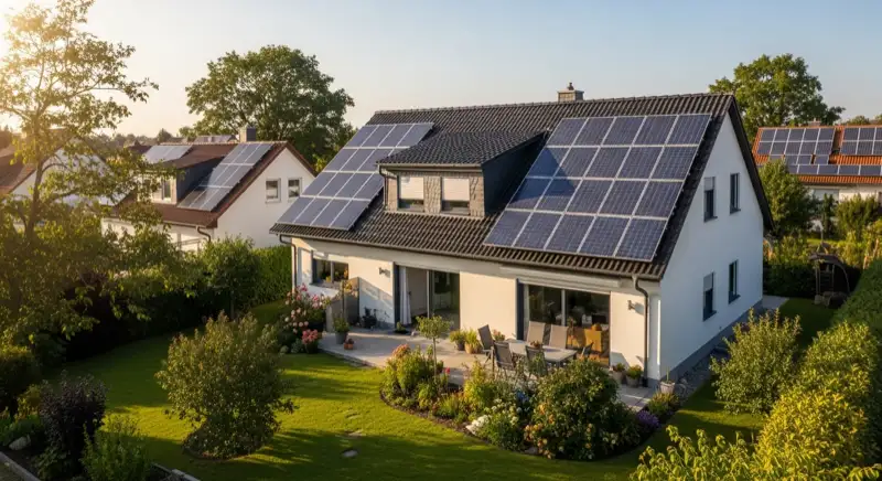 German detached house (Einfamilienhaus) with photovoltaic panels on pitched roof, well-maintained garden, warm afternoon sunlight