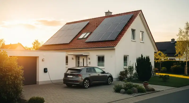 E-Auto lädt mit PV-Strom vor Einfamilienhaus in Gotha