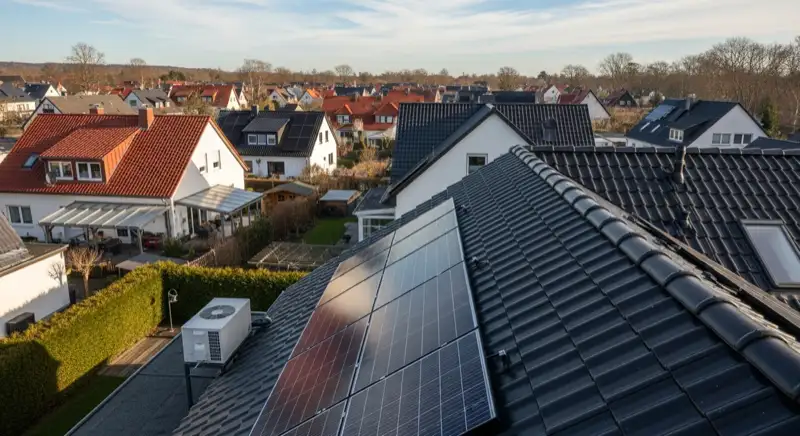 Aerial drone view of typical German residential neighborhood with mixed roof types, red and dark roof tiles, gardens visible, sunny day
