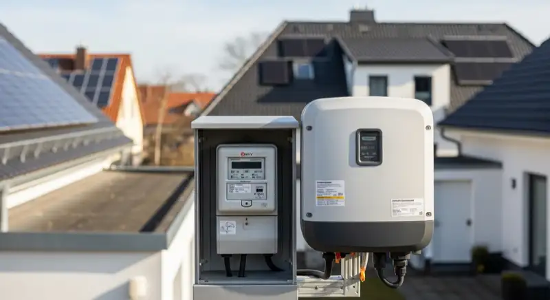 Modern German electrical meter cabinet (Zählerschrank) with smart meter and solar inverter connection, clean technical installation