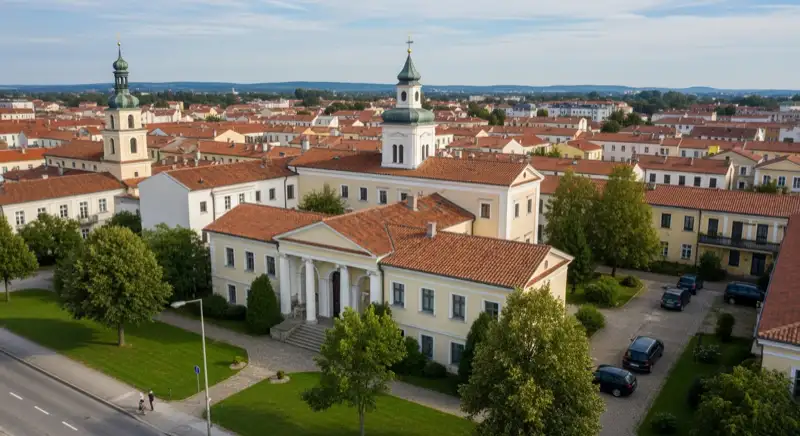 Aerial drone view of typical German residential neighborhood with mixed roof types, red and dark roof tiles, gardens visible, sunny day