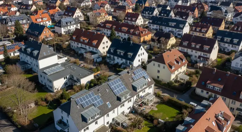 Aerial drone view of typical German residential neighborhood with mixed roof types, red and dark roof tiles, gardens visible, sunny day