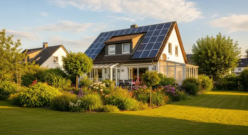 German detached house (Einfamilienhaus) with photovoltaic panels on pitched roof, well-maintained garden, warm afternoon sunlight