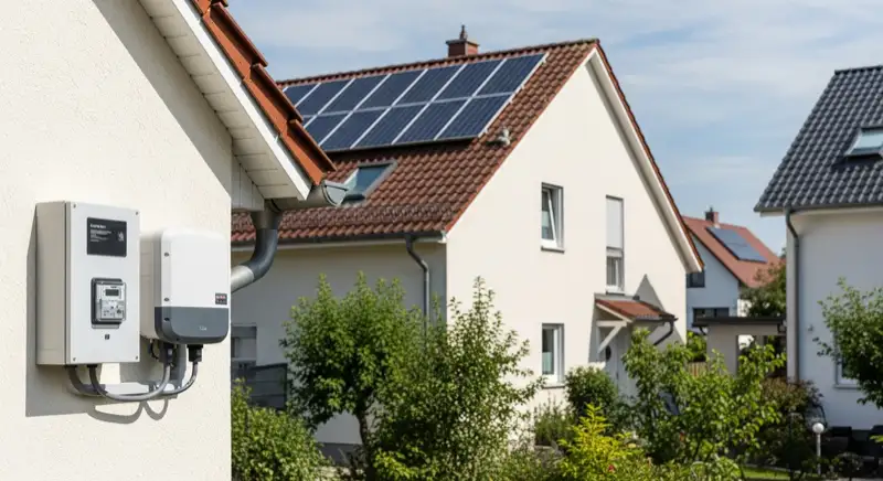 Modern German electrical meter cabinet (Zählerschrank) with smart meter and solar inverter connection, clean technical installation