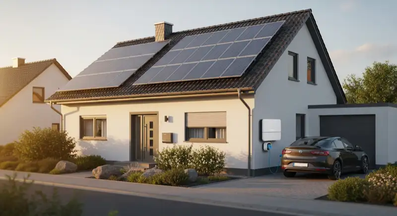 Einfamilienhaus in Grevenbroich mit Solaranlage auf dem Dach und weißer Wallbox an der Garagenwand, E-Auto beim Laden