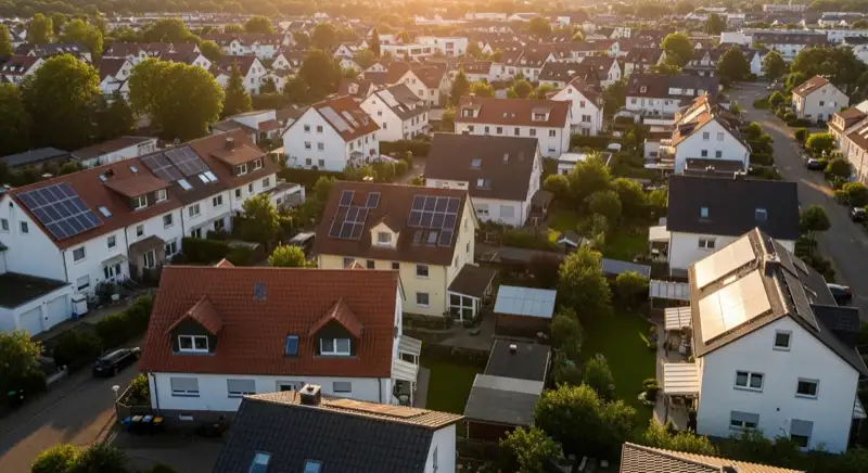 Aerial drone view of typical German residential neighborhood with mixed roof types, red and dark roof tiles, gardens visible, sunny day