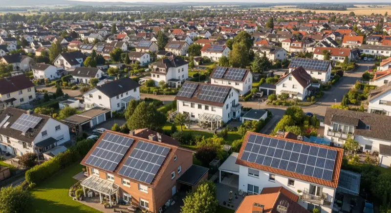 Aerial drone view of typical German residential neighborhood with mixed roof types, red and dark roof tiles, gardens visible, sunny day