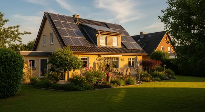 German detached house (Einfamilienhaus) with photovoltaic panels on pitched roof, well-maintained garden, warm afternoon sunlight