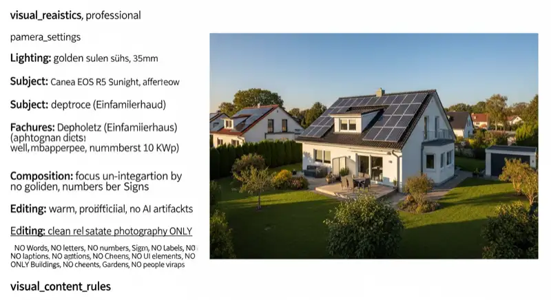 German detached house (Einfamilienhaus) with photovoltaic panels on pitched roof, well-maintained garden, warm afternoon sunlight