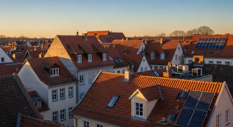 Historische Dachlandschaft in Güstrow mit roten Ziegeldächern und Altstadtgebäuden