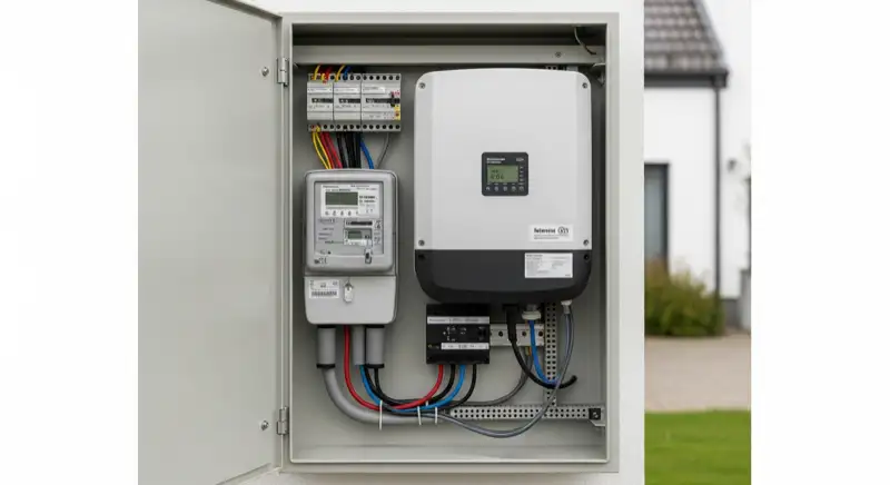 Modern German electrical meter cabinet (Zählerschrank) with smart meter and solar inverter connection, clean technical installation