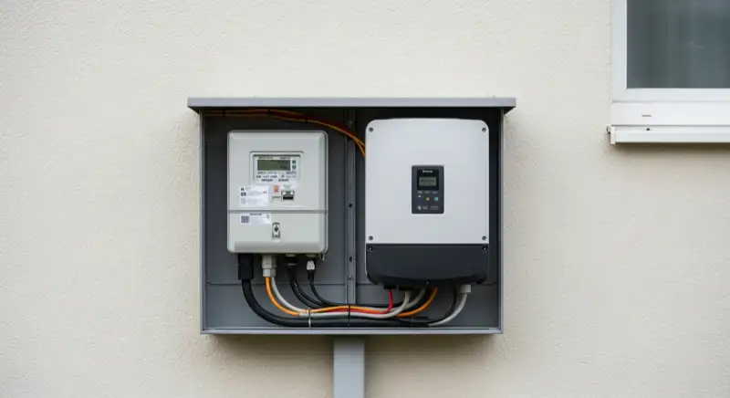 Modern German electrical meter cabinet (Zählerschrank) with smart meter and solar inverter connection, clean technical installation