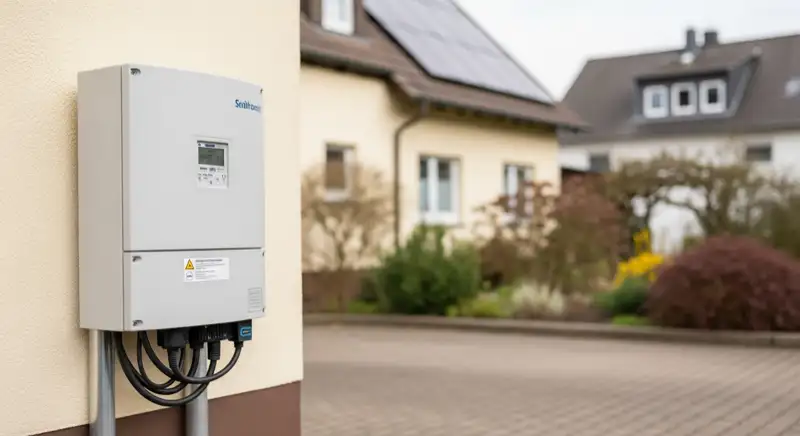 Modern German electrical meter cabinet (Zählerschrank) with smart meter and solar inverter connection, clean technical installation