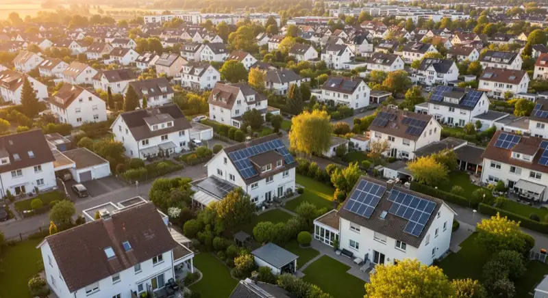 Aerial drone view of typical German residential neighborhood with mixed roof types, red and dark roof tiles, gardens visible, sunny day