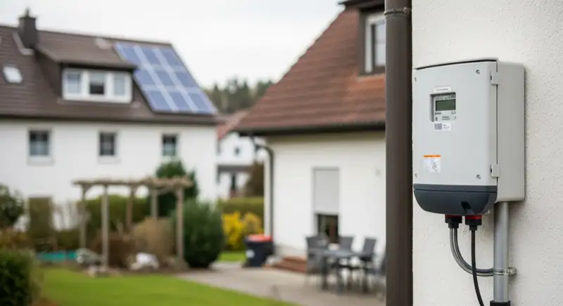 Modern German electrical meter cabinet (Zählerschrank) with smart meter and solar inverter connection, clean technical installation