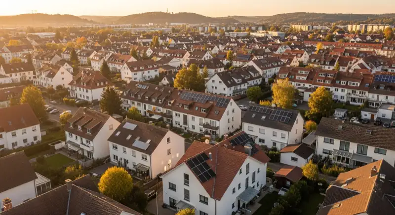 Aerial drone view of typical German residential neighborhood with mixed roof types, red and dark roof tiles, gardens visible, sunny day