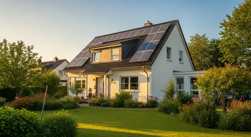 German detached house (Einfamilienhaus) with photovoltaic panels on pitched roof, well-maintained garden, warm afternoon sunlight