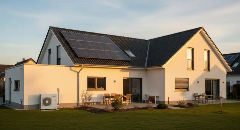 Modernes Einfamilienhaus in Hagen mit PV-Anlage auf dem Dach und Wärmepumpen-Außeneinheit im Garten