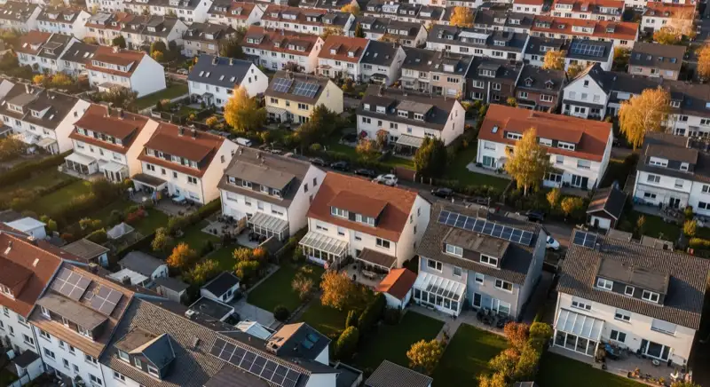 Aerial drone view of typical German residential neighborhood with mixed roof types, red and dark roof tiles, gardens visible, sunny day