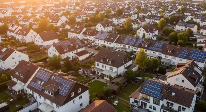 Aerial drone view of typical German residential neighborhood with mixed roof types, red and dark roof tiles, gardens visible, sunny day