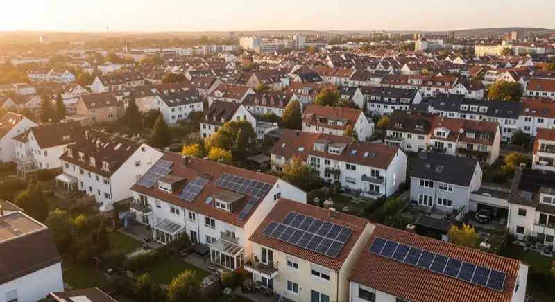 Aerial drone view of typical German residential neighborhood with mixed roof types, red and dark roof tiles, gardens visible, sunny day