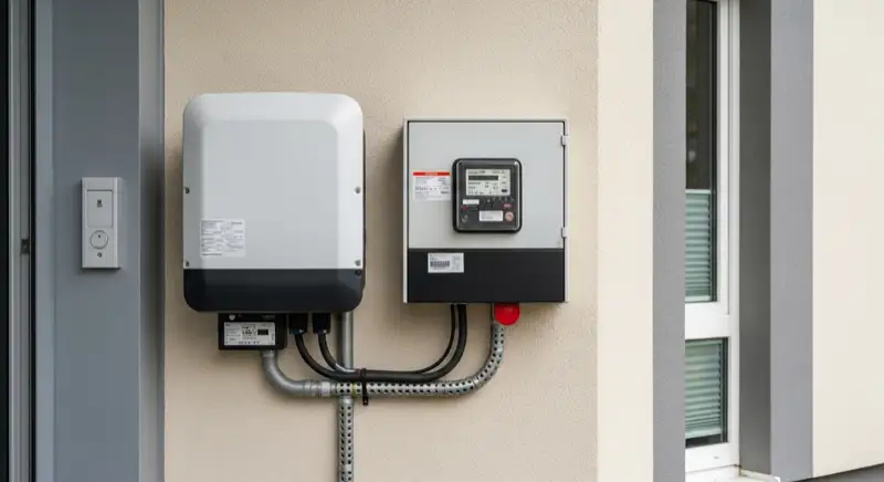 Modern German electrical meter cabinet (Zählerschrank) with smart meter and solar inverter connection, clean technical installation