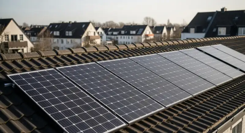Monokristalline PV-Module auf typischem Hamburger Reihenhaus-Dach mit Pfannenziegeln