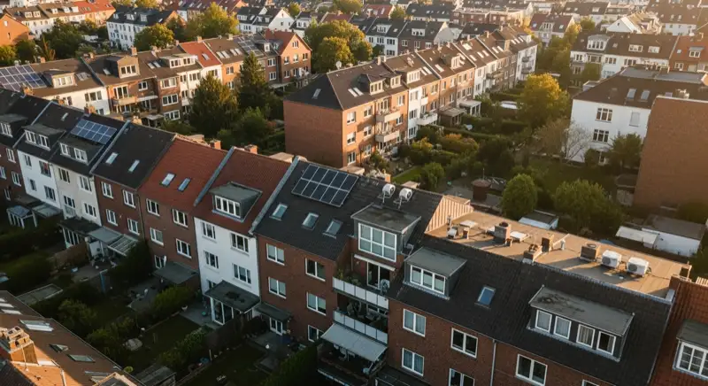 Aerial drone view of typical German residential neighborhood with mixed roof types, red and dark roof tiles, gardens visible, sunny day
