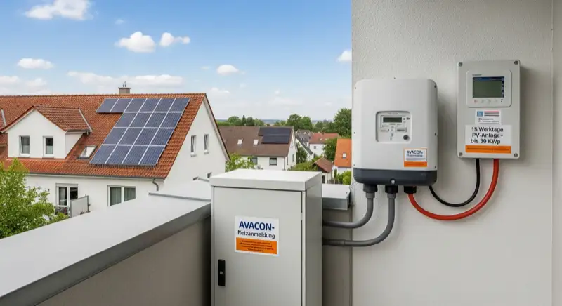 Modern German electrical meter cabinet (Zählerschrank) with smart meter and solar inverter connection, clean technical installation