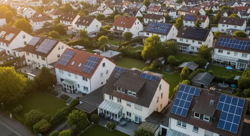 Aerial drone view of typical German residential neighborhood with mixed roof types, red and dark roof tiles, gardens visible, sunny day