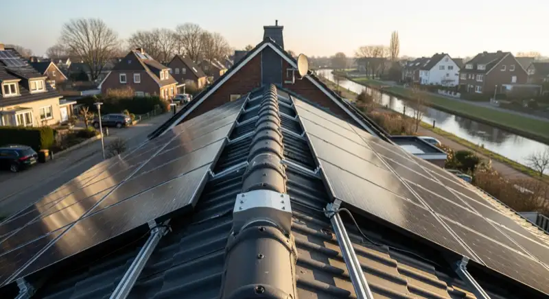 PV-Module auf Einfamilienhaus-Dach in Hamm mit Blick auf Datteln-Hamm-Kanal