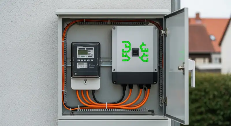 Modern German electrical meter cabinet (Zählerschrank) with smart meter and solar inverter connection, clean technical installation