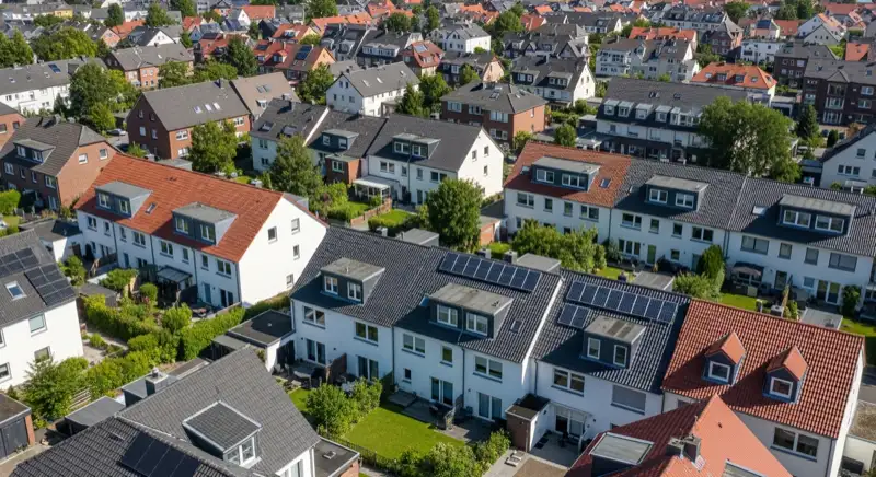 Aerial drone view of typical German residential neighborhood with mixed roof types, red and dark roof tiles, gardens visible, sunny day