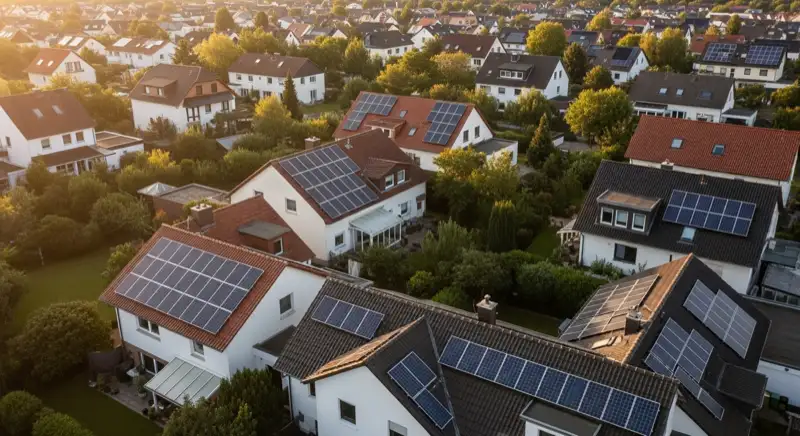 Aerial drone view of typical German residential neighborhood with mixed roof types, red and dark roof tiles, gardens visible, sunny day