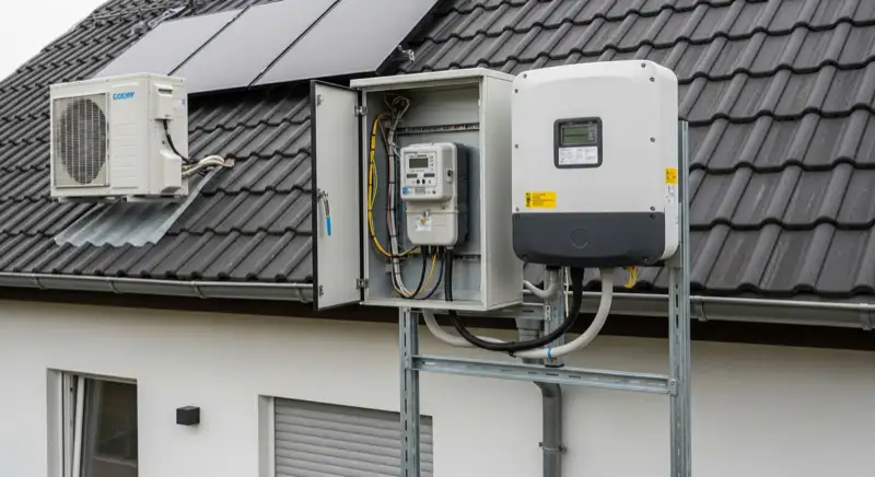 Modern German electrical meter cabinet (Zählerschrank) with smart meter and solar inverter connection, clean technical installation