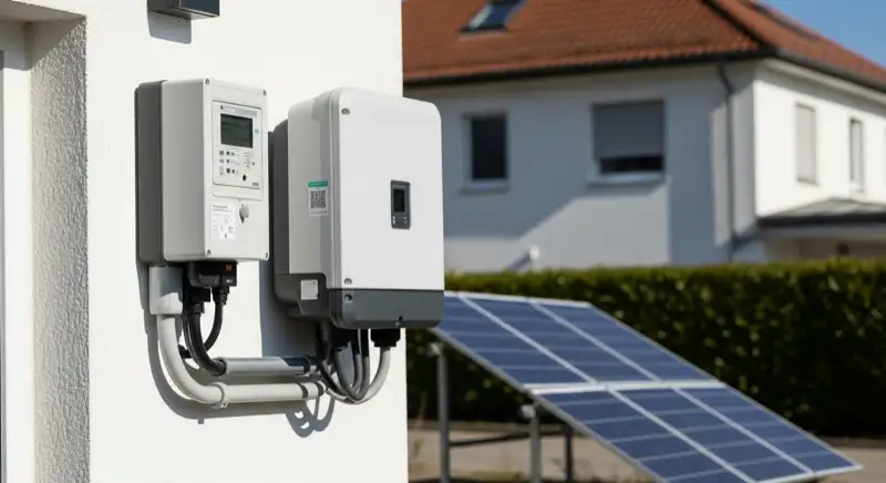 Modern German electrical meter cabinet (Zählerschrank) with smart meter and solar inverter connection, clean technical installation