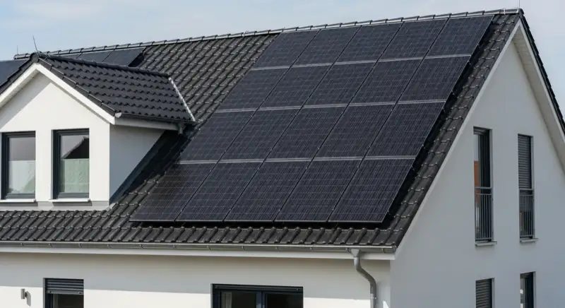 Modernes Einfamilienhaus in Hanau mit schwarzen Solarmodulen auf dem Satteldach