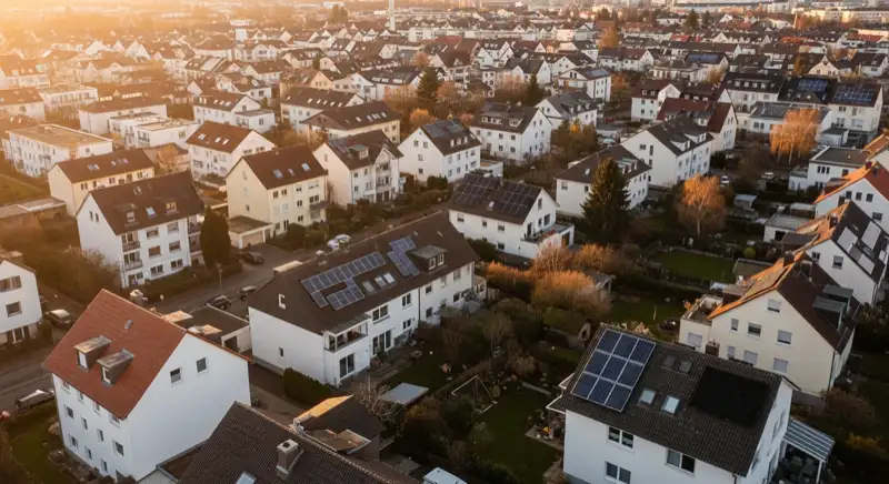 Aerial drone view of typical German residential neighborhood with mixed roof types, red and dark roof tiles, gardens visible, sunny day