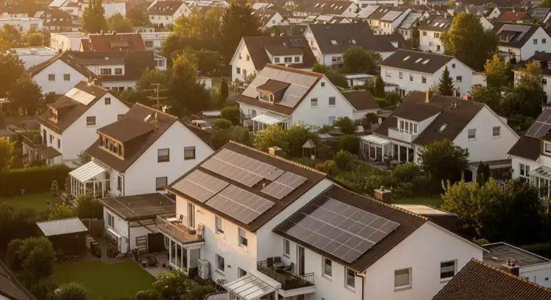 Wohngebiete in Hannover mit verschiedenen Bauformen, typische Einfamilienhäuser und Dachstrukturen aus der Luft