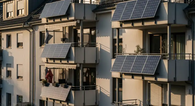 Mehrfamilienhaus in Hattingen mit modernen Balkon-Solarmodulen an mehreren Balkonen