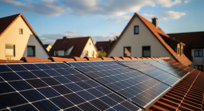 Close-up of photovoltaic solar panels installed on a traditional German Satteldach (gabled roof), blue sky with some clouds