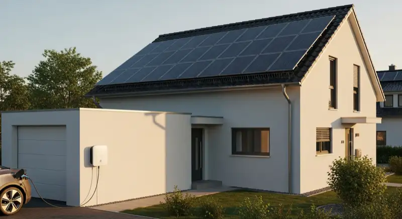 Einfamilienhaus in Heilbronn mit PV-Anlage auf dem Dach und weißer Wallbox an der Hauswand, E-Auto beim Laden
