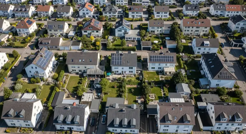 Wohngebiete in Heilbronn mit verschiedenen Bauformen, typische Einfamilienhäuser und Dachstrukturen aus der Luft