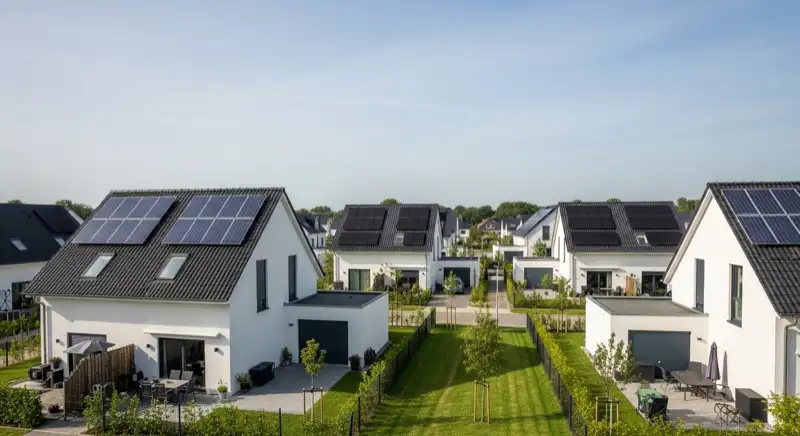 Wohnsiedlung in Herford mit Solaranlagen auf den Dächern verschiedener Einfamilienhäuser